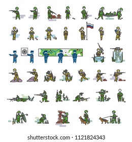 Armed soldiers in different action poses. Color vector illustration. Icon style set