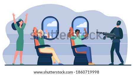 Armed terrorist aiming gun at plane passengers on board. People putting hands up in air flat vector illustration. On board aircraft hijacking concept for banner, website design or landing web page