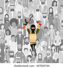 Armed Terrorist In Crowd People Group Terrorism Threat Concept Flat Vector Illustration