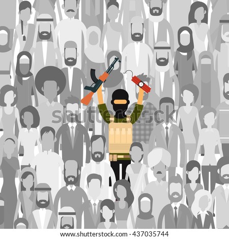 Armed Terrorist In Crowd People Group Terrorism Threat Concept Flat Vector Illustration