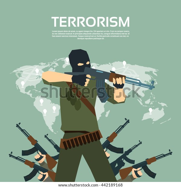 世界地図上の武装テロ集団国際テロのコンセプトのフラットベクターイラスト のベクター画像素材 ロイヤリティフリー