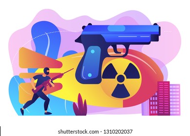 Armed Terrorist In Mask With Nuclear Bomb And Weapon In City. International Terrorism, Terrorist Groups, Counter Terrorist Operation Concept. Bright Vibrant Violet Vector Isolated Illustration