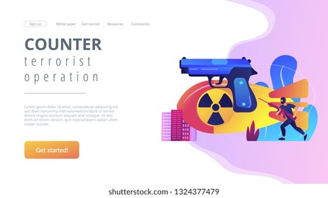 Armed Terrorist In Mask With Nuclear Bomb And Weapon In City. International Terrorism, Terrorist Groups, Counter Terrorist Operation Concept. Website Vibrant Violet Landing Web Page Template.