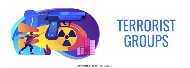 Armed Terrorist In Mask With Nuclear Bomb And Weapon In City. International Terrorism, Terrorist Groups, Counter Terrorist Operation Concept. Header Or Footer Banner Template With Copy Space.