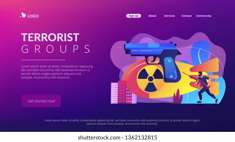 Armed Terrorist In Mask With Nuclear Bomb And Weapon In City. International Terrorism, Terrorist Groups, Counter Terrorist Operation Concept. Website Vibrant Violet Landing Web Page Template.