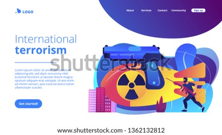 Armed terrorist in mask with nuclear bomb and weapon in city. International terrorism, terrorist groups, counter terrorist operation concept. Website vibrant violet landing web page template.