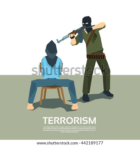 Armed Terrorist Point Gun to Hostage Kidnapping Terrorism Vector Illustration
