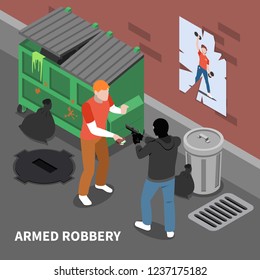 Armed thief in disguise during robbery of man with full wallet isometric composition vector illustration