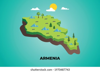 Armenia 3d isometric map with topographic details mountains, trees and soil vector illustration design