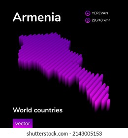 Armenia 3D map. Stylized neon digital isometric striped vector Map of Armenia is in violet and pink colors on black background