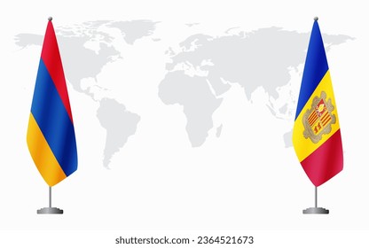 Armenia  and Andorra flags for official meeting against background of world map.