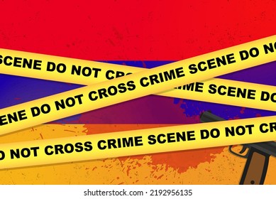 Armenia armed attack vector banner, shooting news concept, armed assault with gun and blood stain on Armenia flag, yellow police tape, crime scene composition, top view, flat design
