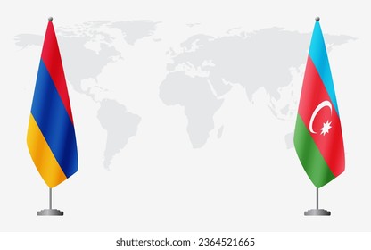 Armenia  and Azerbaijan flags for official meeting against background of world map.