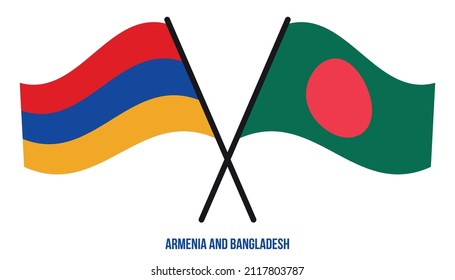 Armenia and Bangladesh Flags Crossed And Waving Flat Style. Official Proportion. Correct Colors.