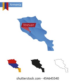 Armenia blue Low Poly map with capital Yerevan, versions with flag, black and outline. Vector Illustration.