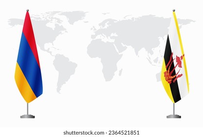 Armenia  and Brunei flags for official meeting against background of world map.
