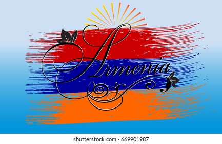 Armenia. Calligraphic cursive vintage Armenia lettering inscription with floral ornament on the  brush stroke armenian flag. Vector background for design, prints,emblem, cloth,  souvenirs