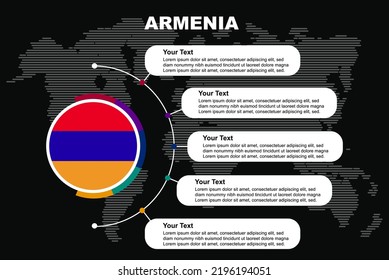Armenien kreisen Infografik mit Informationstext-Leerzeichen, schwarzer Hintergrund mit Weltkarte, Armenien-Länderflagge, Präsentationsgrafik, Info- und Datenvorlage für Länder