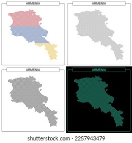 Armenia Circular Mosaic Brick Dotted Map, Set of National Flag Color, Black Silhouette Country Boundary Isolated on White Background, Geographic Vector Illustration