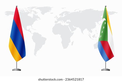 Armenia  and Comoros flags for official meeting against background of world map.