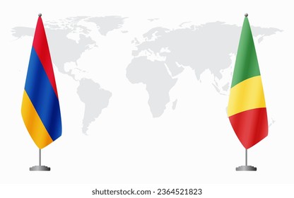 Armenia  and Congo Brazzaville flags for official meeting against background of world map.
