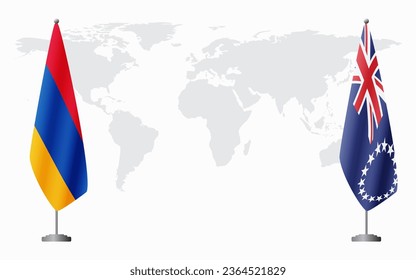Armenia  and Cook Islands flags for official meeting against background of world map.