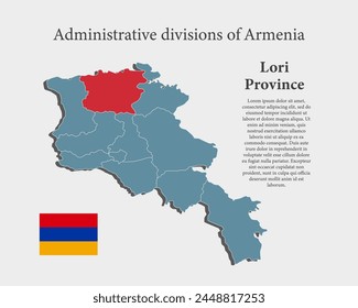 Armenia country - high detailed illustration map divided on regions. Blank Armenia map isolated on background. Vector template Lori province for website, pattern, infographic, education