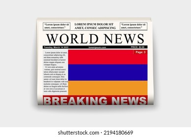 Armenia country newspaper with flag, breaking news on newsletter, Armenia news concept, gazette page with headline, journal with country flag, reading newspaper, streamer headline