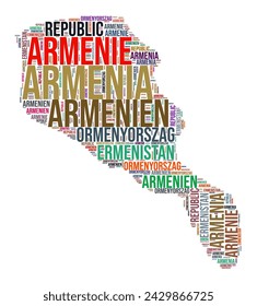 Armenia country shape word cloud. Typography style country illustration. Armenia image in text cloud style. Vector illustration.
