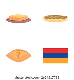 Os ícones da cozinha armênia definem o vetor de desenhos animados. Vários saboroso prato armênio. Conceito de viagem