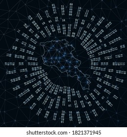 Armenia digital map. Binary rays radiating around glowing country. Internet connections and data exchange design. Vector illustration.