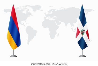 Armenia  and Dominican flags for official meeting against background of world map.