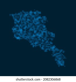 Armenia salpicó un mapa brillante. Forma del país con bombillas azules brillantes. Ilustración vectorial.