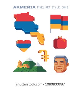 Armenia elements icons set Part3, national Armenian flag and map, currency dram and mountains, man head, garnet isolated pixel art 80s style vector illustration. Design sticker, logo, app, magnet.