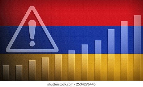 Armenia flag with burlap texture, warning sign, and rising bar chart symbolizing increasing risk or growth challenges in the country. Ideal for data presentations.