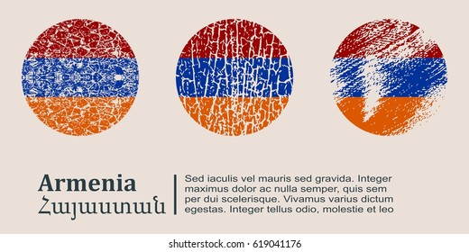Armenia flag design concept. Flags collection textured in grunge style with country name. Image relative to travel and politic themes. Translation of the inscription: Armenia