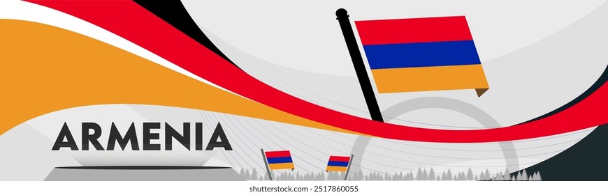 Design da bandeira da Armênia. Banner nacional da Armênia com mapa armênio, Plano de fundo com abstrato geométrico retro moderno azul vermelho amarelo. Ilustração vetorial de Yerevan.