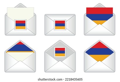 Armenia flag in the envelope. Armenian
 stamp flag. Opened, closed Armenian letter, isolated on white background. svg