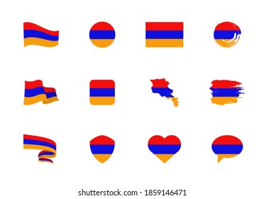 Armenia flag - flat collection. Flags of different shaped twelve flat icons. Vector illustration set