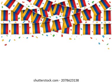 Armenia flag garland white background with confetti, Hang bunting for Armenia independence day celebration template banner, Vector illustration
