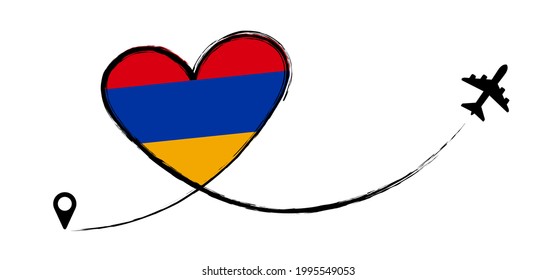 Armenia flag. Heart, love romantic travel. Symbol of  airplane, air plane, aircraft, aeroplane, flying, fly jet airline. Line path. Vector location pointer route. Travel. 