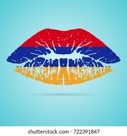 Armenia Flag Lipstick On The Lips Isolated On A White Background. Vector Illustration. Kiss Mark In Official Colors And Proportions. Independence Day
