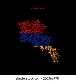 Mapa de la bandera de Armenia, patrón de partículas caóticas en los colores de la bandera armenia. Ilustración vectorial aislada en el fondo negro.