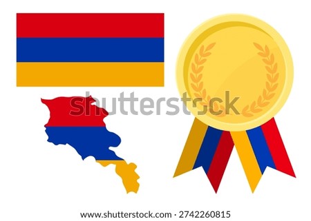Armenia flag with map and gold medal in set for web and banners or app and games
