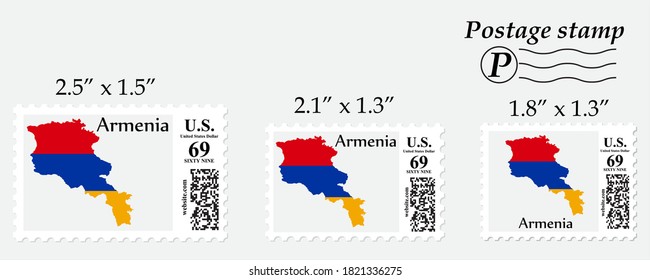 Mapa de la bandera de Armenia con sello postal de diferente tamaño.