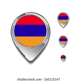 Armenia flag map pointer. 3d Map Pointer with flag glossy button style on gray background