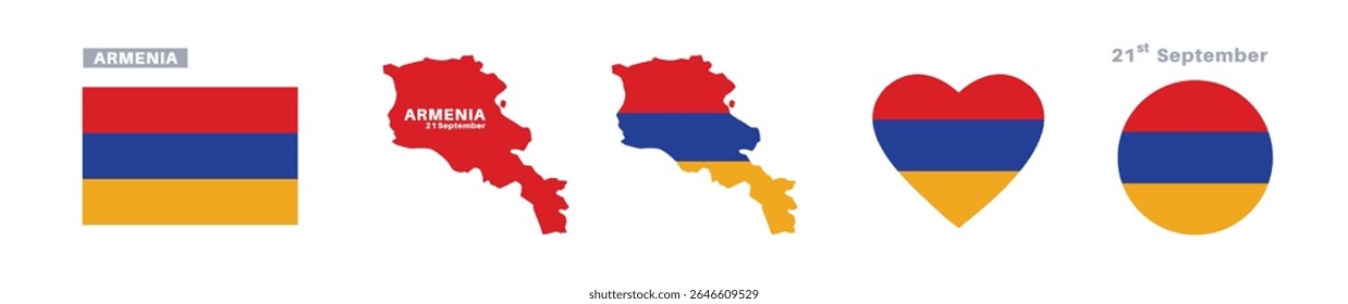 armenia flag and map set. armenia flag in official colors and proportions. dia da independência 21 de setembro, mapa, círculo e coração em forma armenia	