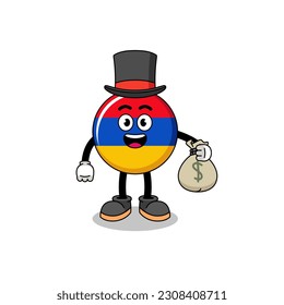 armenia flag mascot illustration rich man holding a money sack , character design