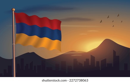 Armenia flag with mountains and morning sun in the background