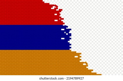 Bandera de Armenia en una pared de ladrillo roto. Campo de bandera vacío de otro país. Comparación de países. Fácil edición y vector en grupos.